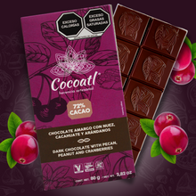 Cargar imagen en el visor de la galería, Barra De Chocolate Amargo Con Nueces, Cacahuate y Arándanos 72% Cacao 80 g.