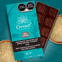 Cargar imagen en el visor de la galería, Barra De Chocolate con Leche con Arroz Inflado y Quinoa 72% Cacao 80 g.