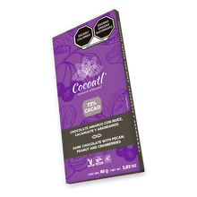Cargar imagen en el visor de la galería, Barra De Chocolate Amargo Con Nueces, Cacahuate y Arándanos 72% Cacao 80 g.