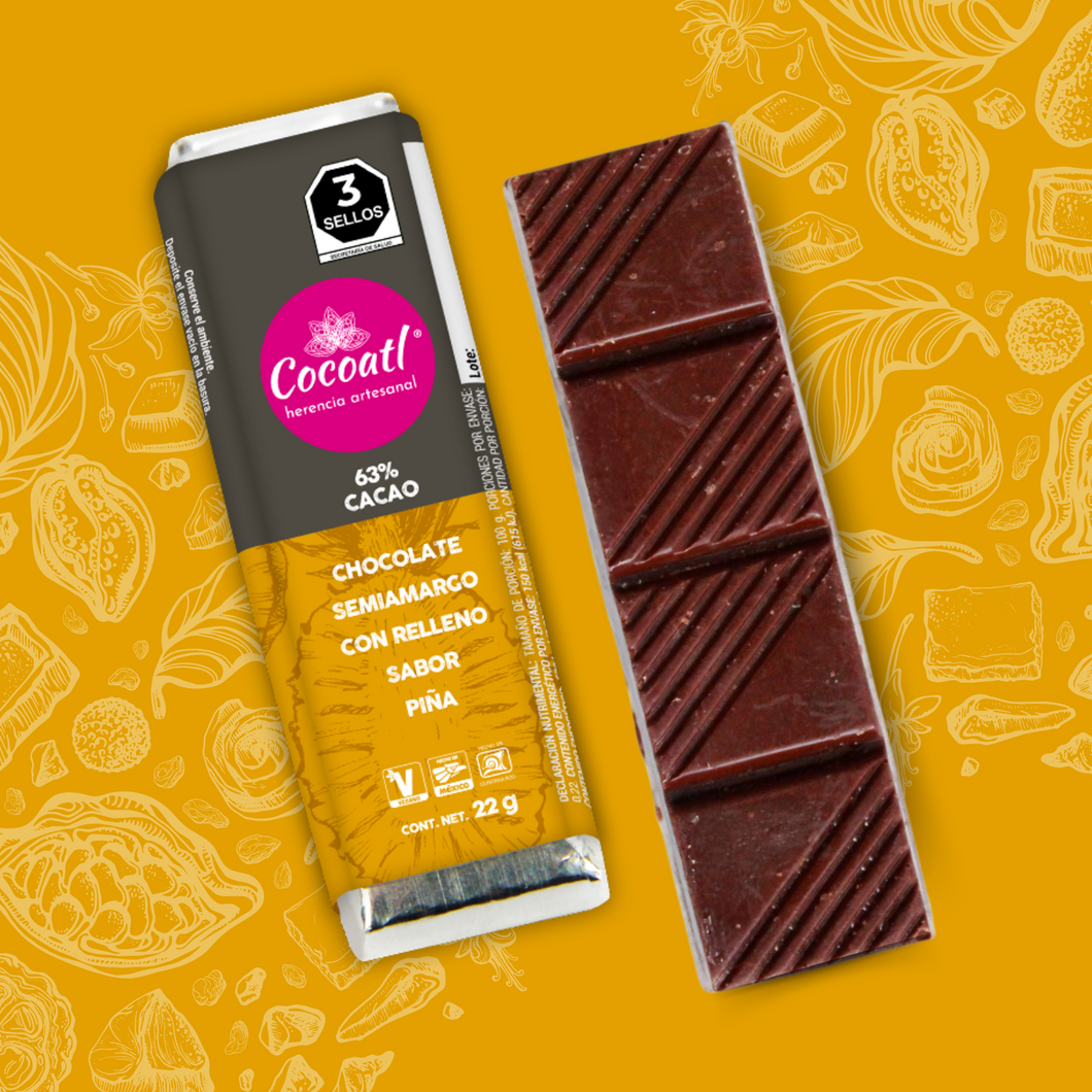 Barra de Chocolate Amargo con Relleno de Piña 63% Cacao 22 g.