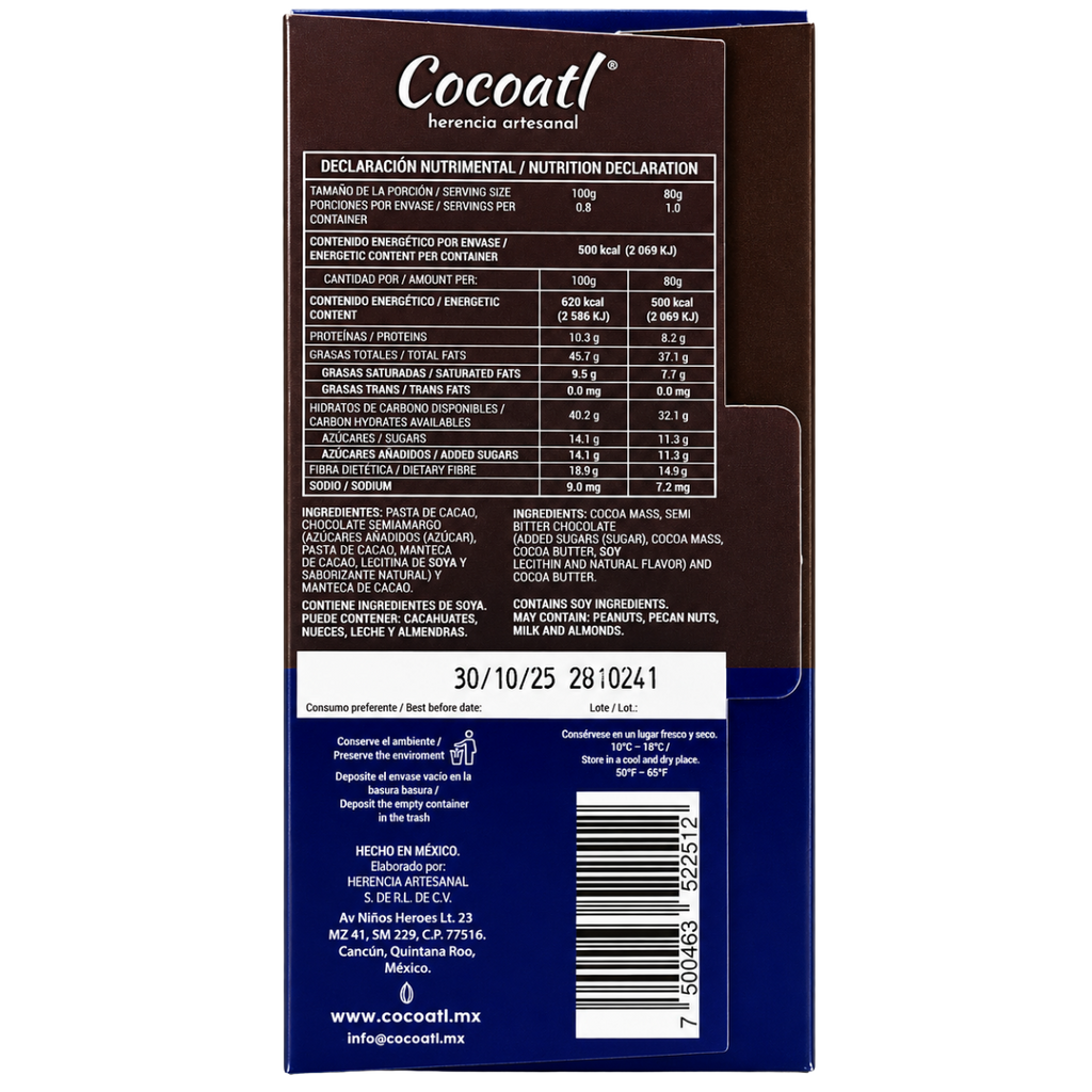 Barra De Chocolate Amargo 85% Cacao 80 g.