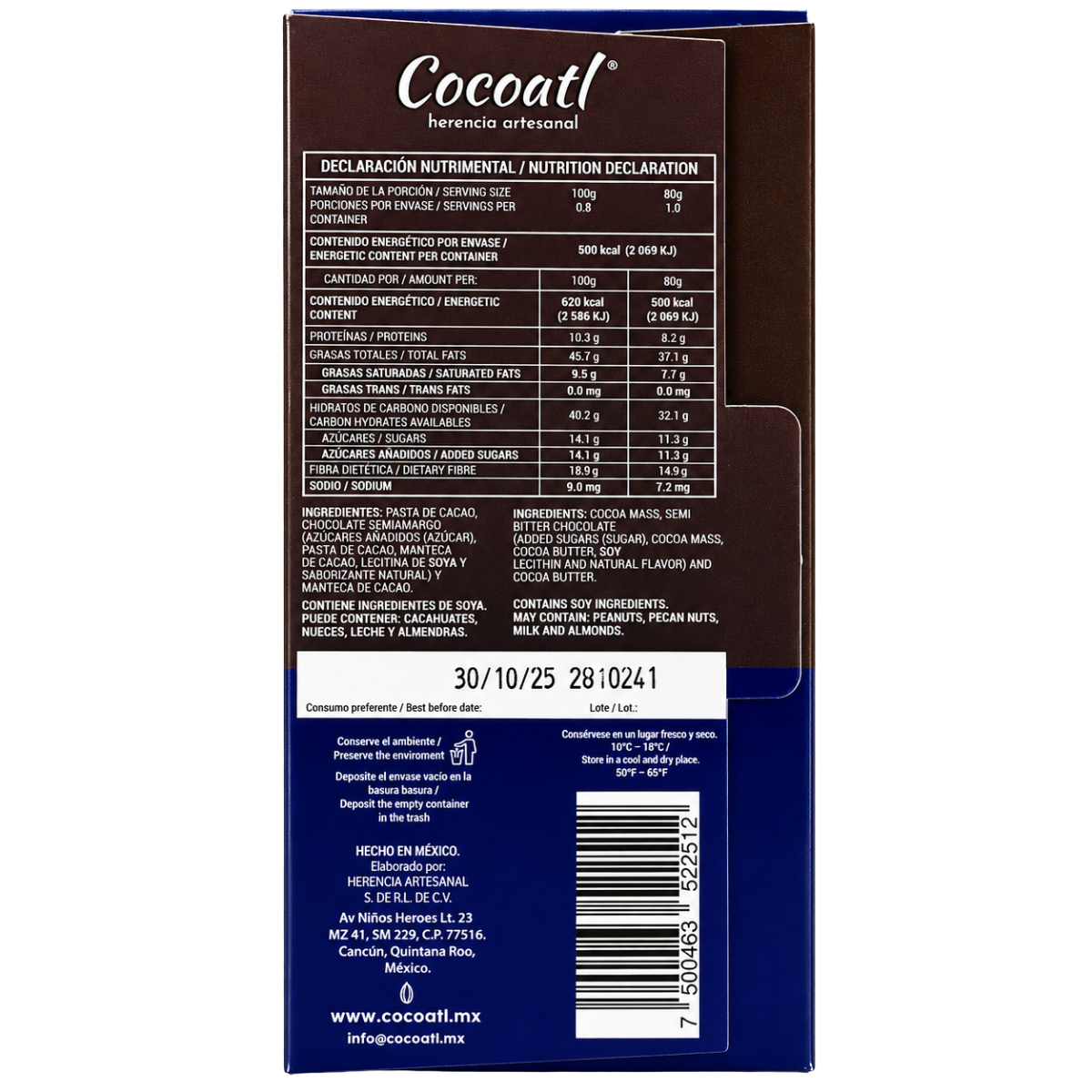 Barra De Chocolate Amargo 85% Cacao 80 g.