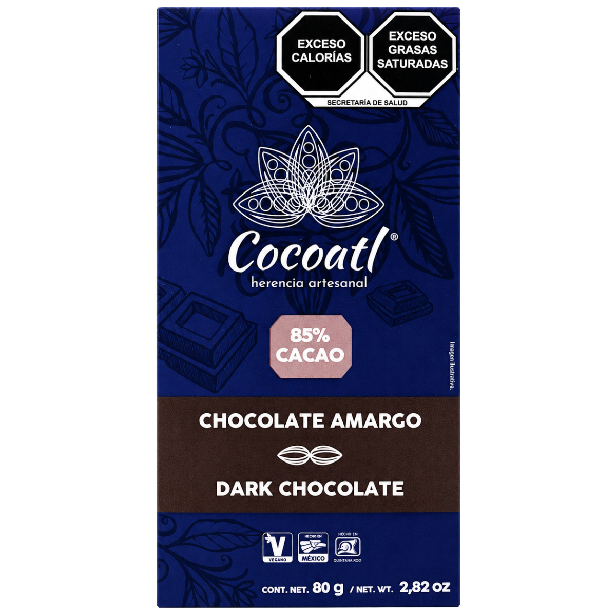 Barra De Chocolate Amargo 85% Cacao 80 g.