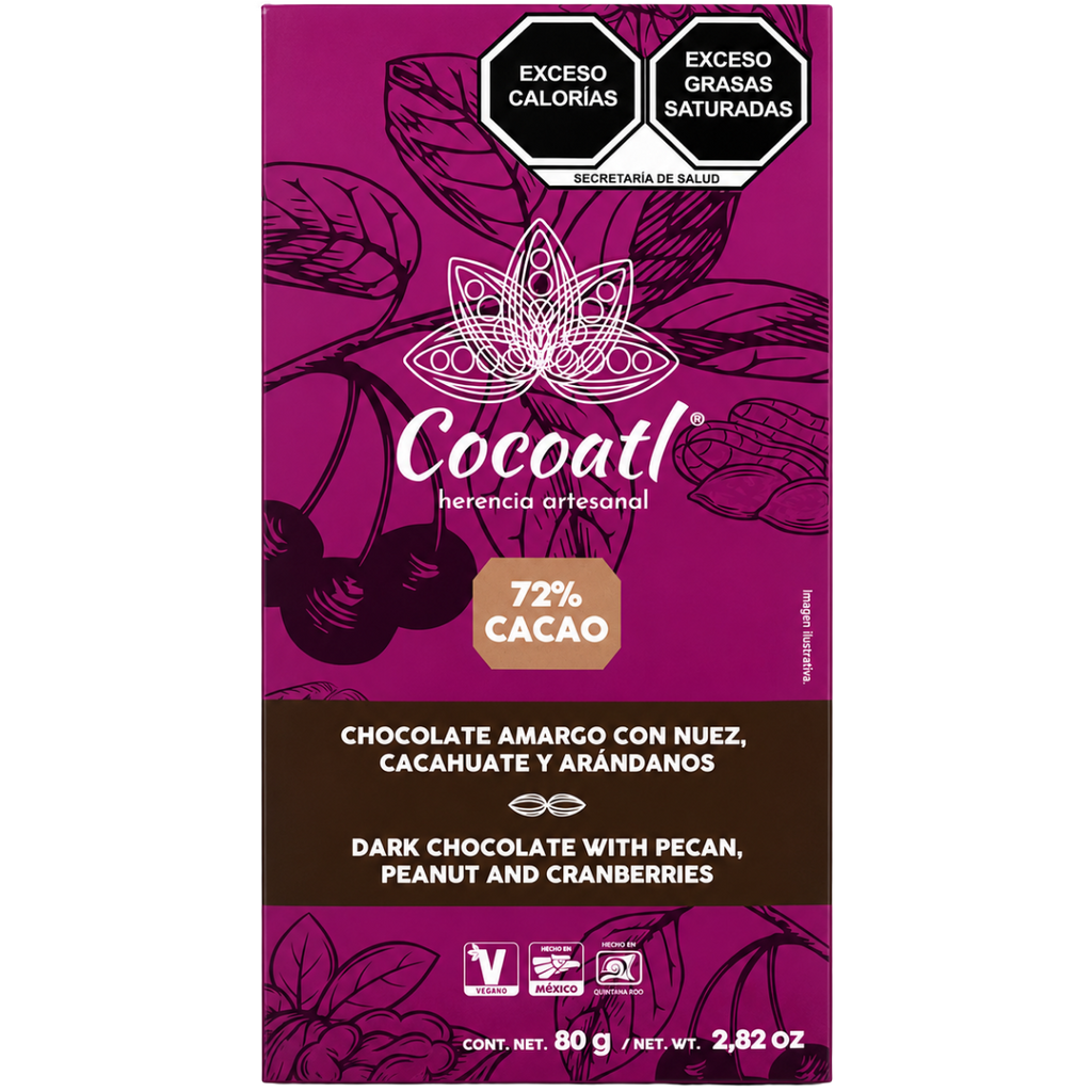 Barra De Chocolate Amargo Con Nueces, Cacahuate y Arándanos 72% Cacao 80 g.