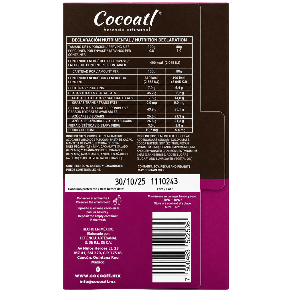 Barra De Chocolate Amargo Con Nueces, Cacahuate y Arándanos 72% Cacao 80 g.