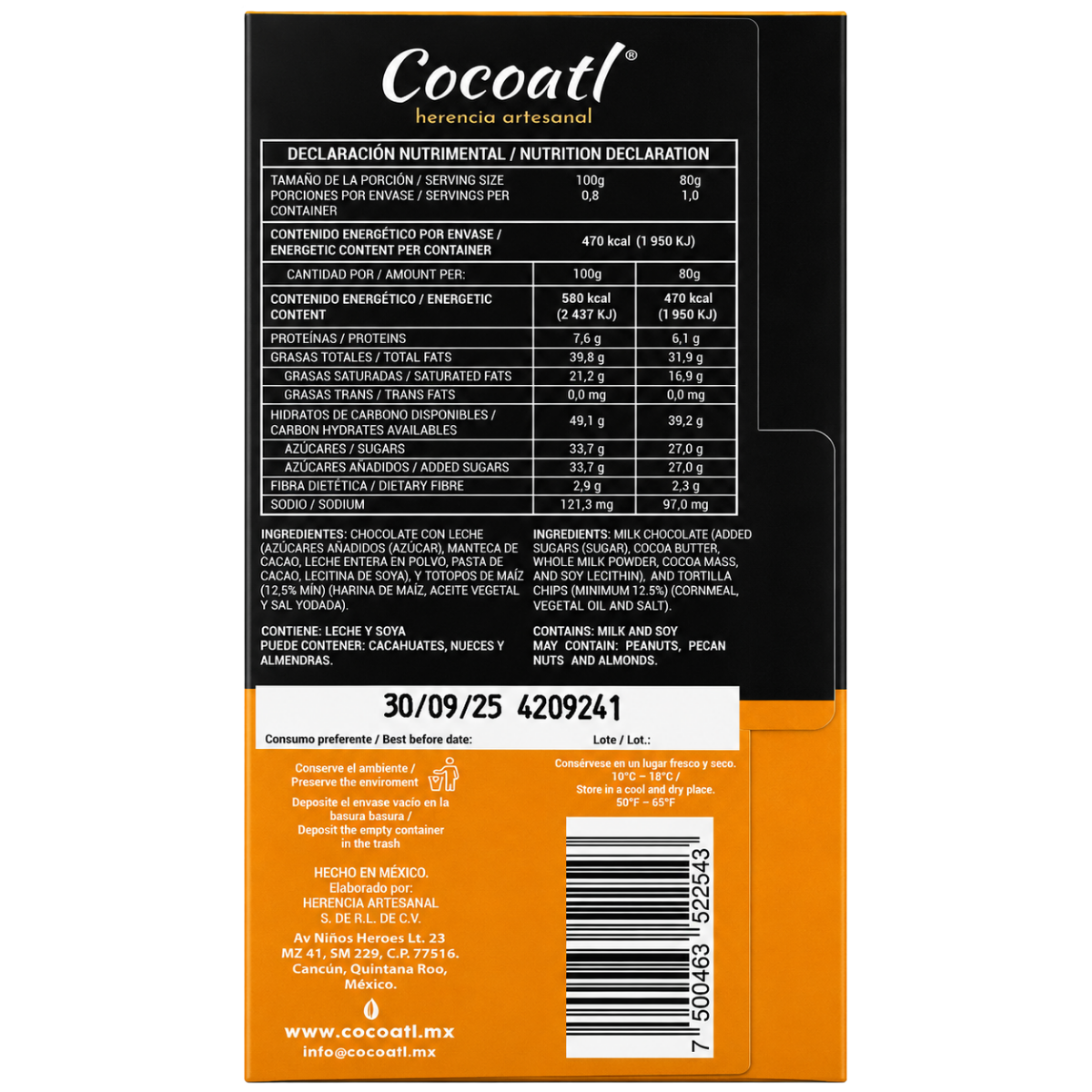 Barra De Chocolate con Leche y Totopos de Maíz 40% Cacao 80 g.