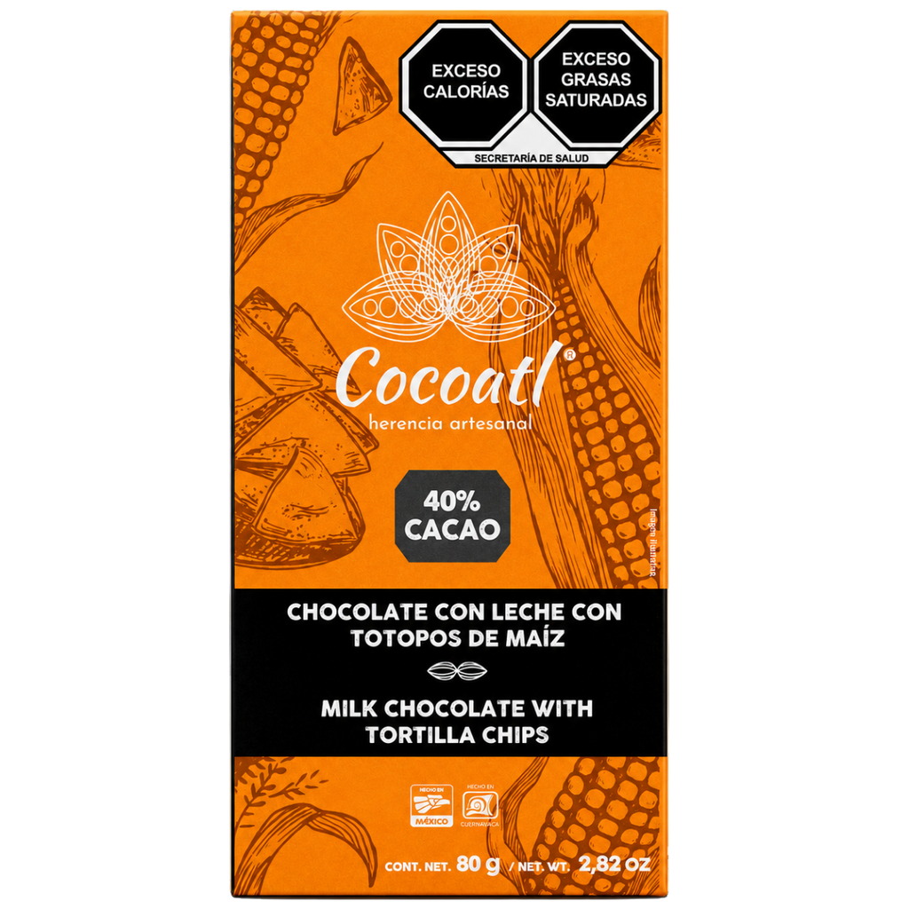 Barra De Chocolate con Leche y Totopos de Maíz 40% Cacao 80 g.