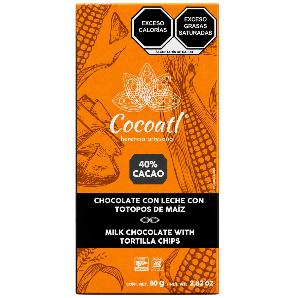Barra De Chocolate con Leche y Totopos de Maíz 40% Cacao 80 g.