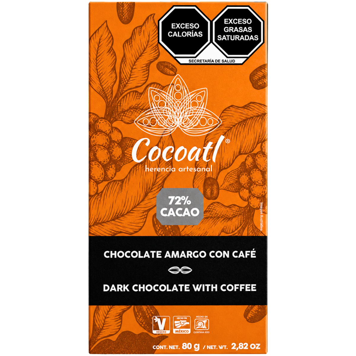 Barra De Chocolate Amargo con Granos de Café 72% Cacao 80 g.