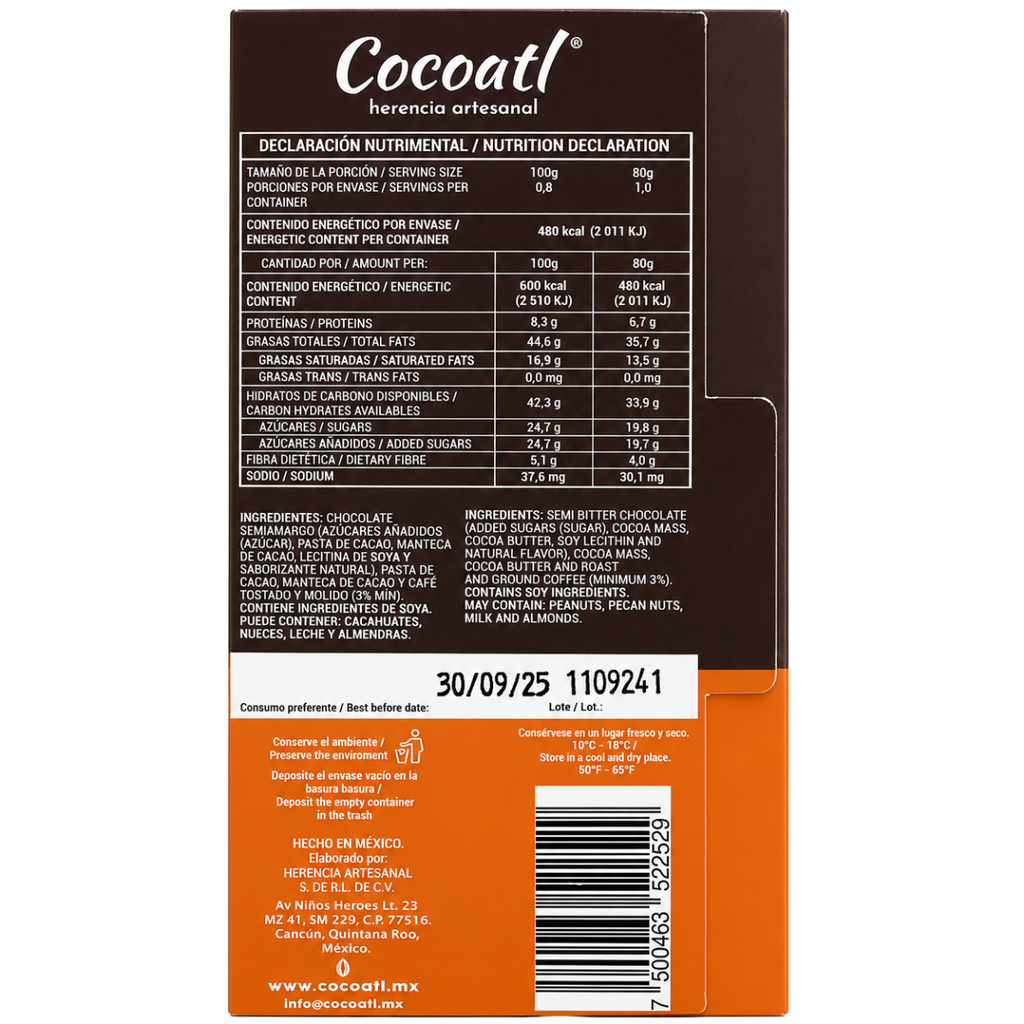 Barra De Chocolate Amargo con Granos de Café 72% Cacao 80 g.