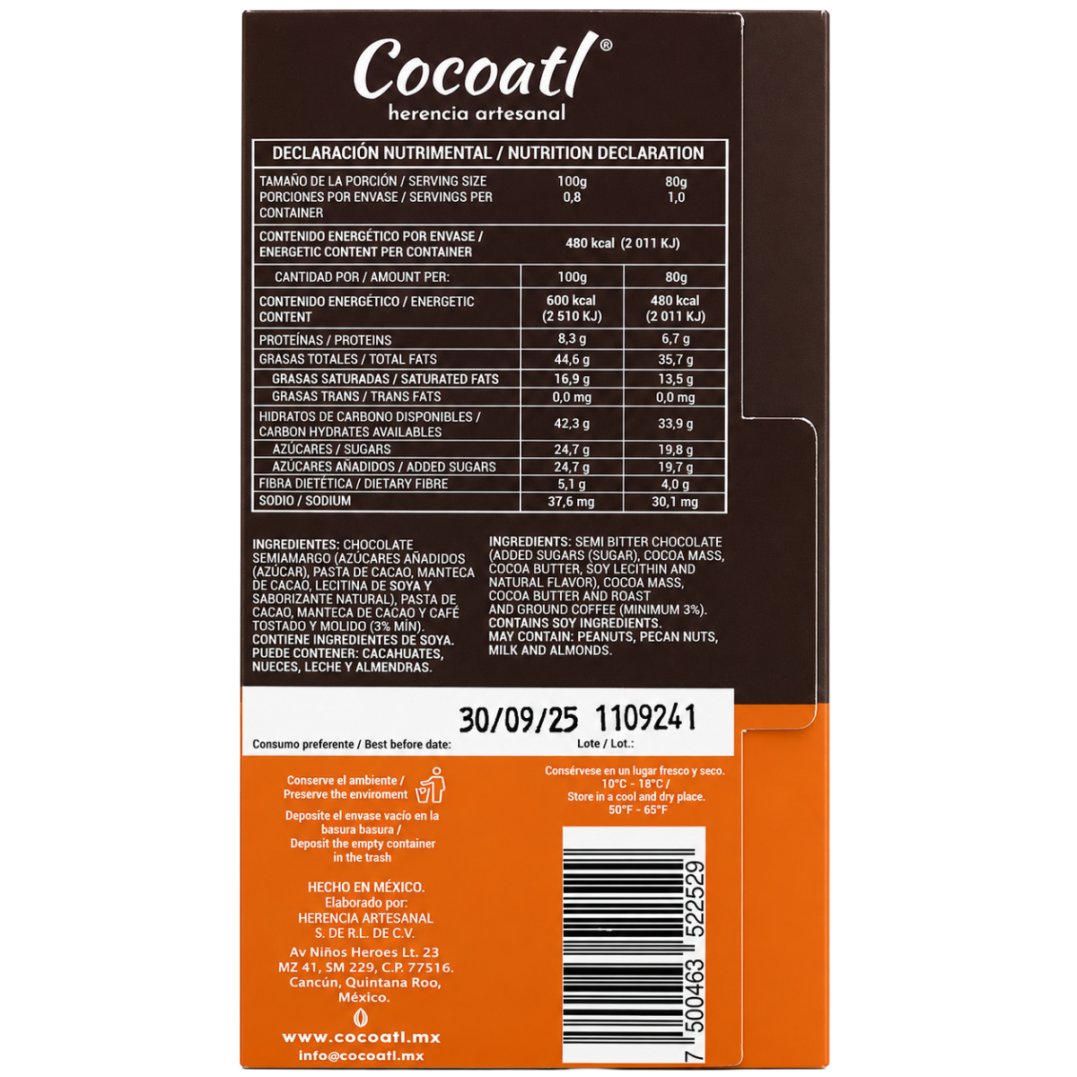 Barra De Chocolate Amargo con Granos de Café 72% Cacao 80 g.