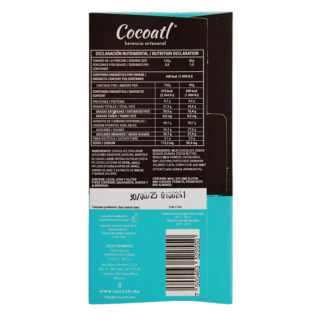 Barra De Chocolate con Leche con Arroz Inflado y Quinoa 40% Cacao 80 g.