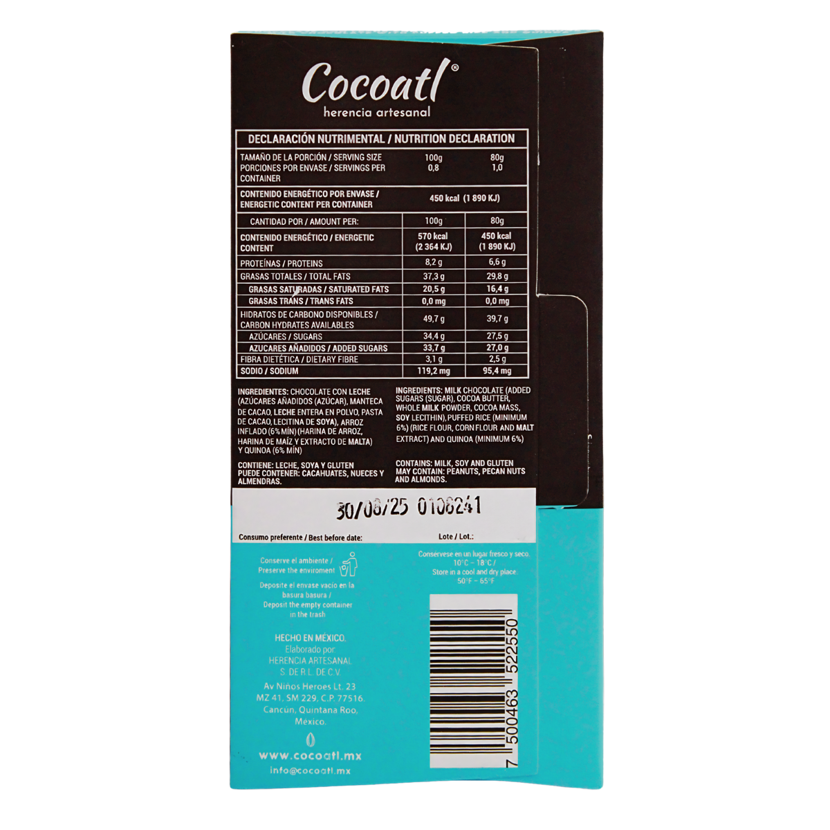 Barra De Chocolate con Leche con Arroz Inflado y Quinoa 40% Cacao 80 g.
