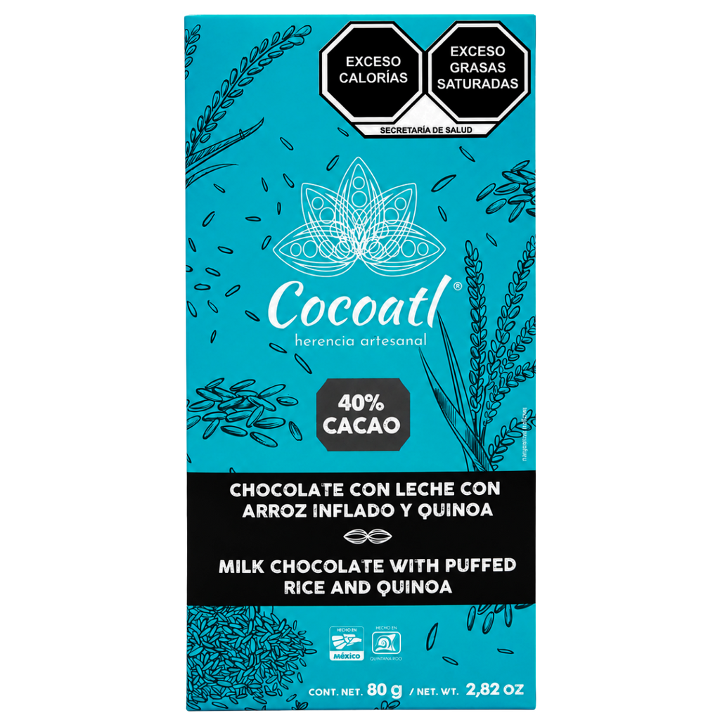 Barra De Chocolate con Leche con Arroz Inflado y Quinoa 40% Cacao 80 g.