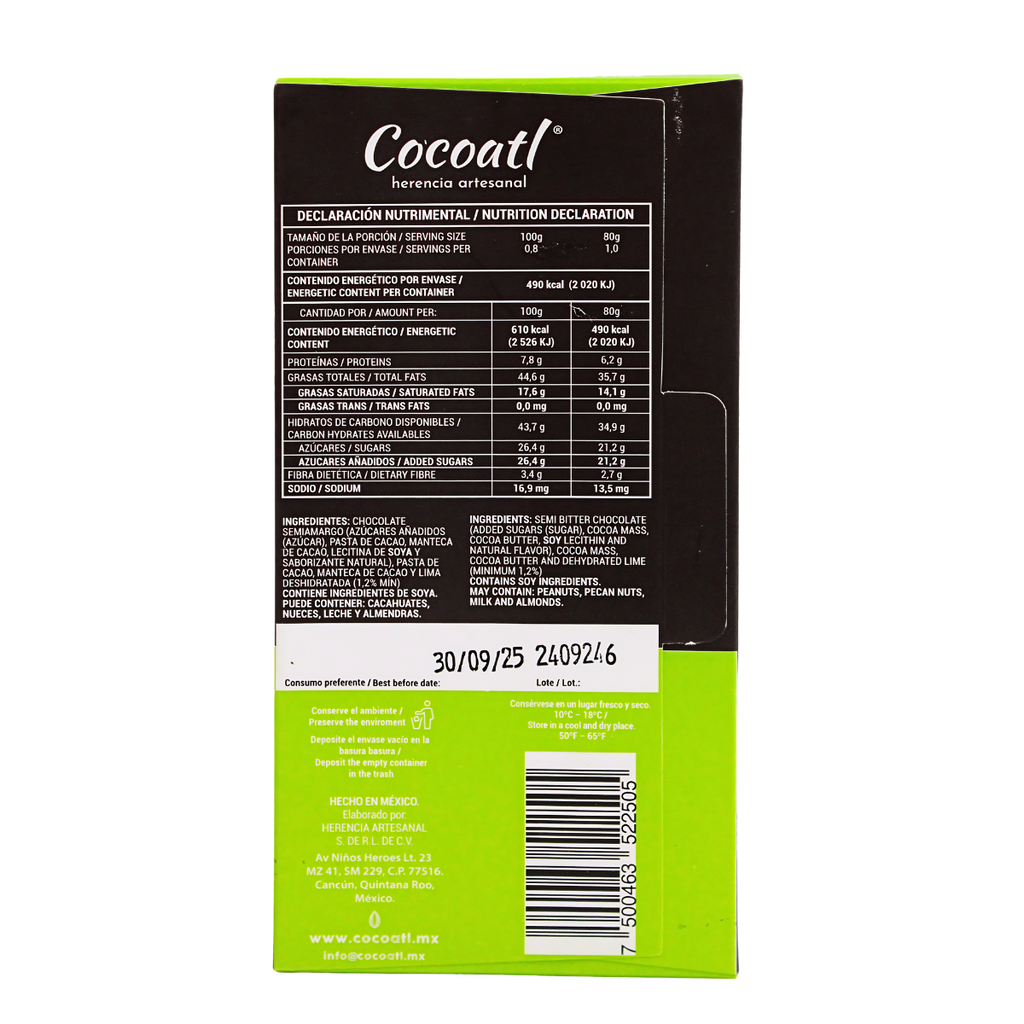 Barra De Chocolate Amargo Con Lima 72% Cacao 80 g.
