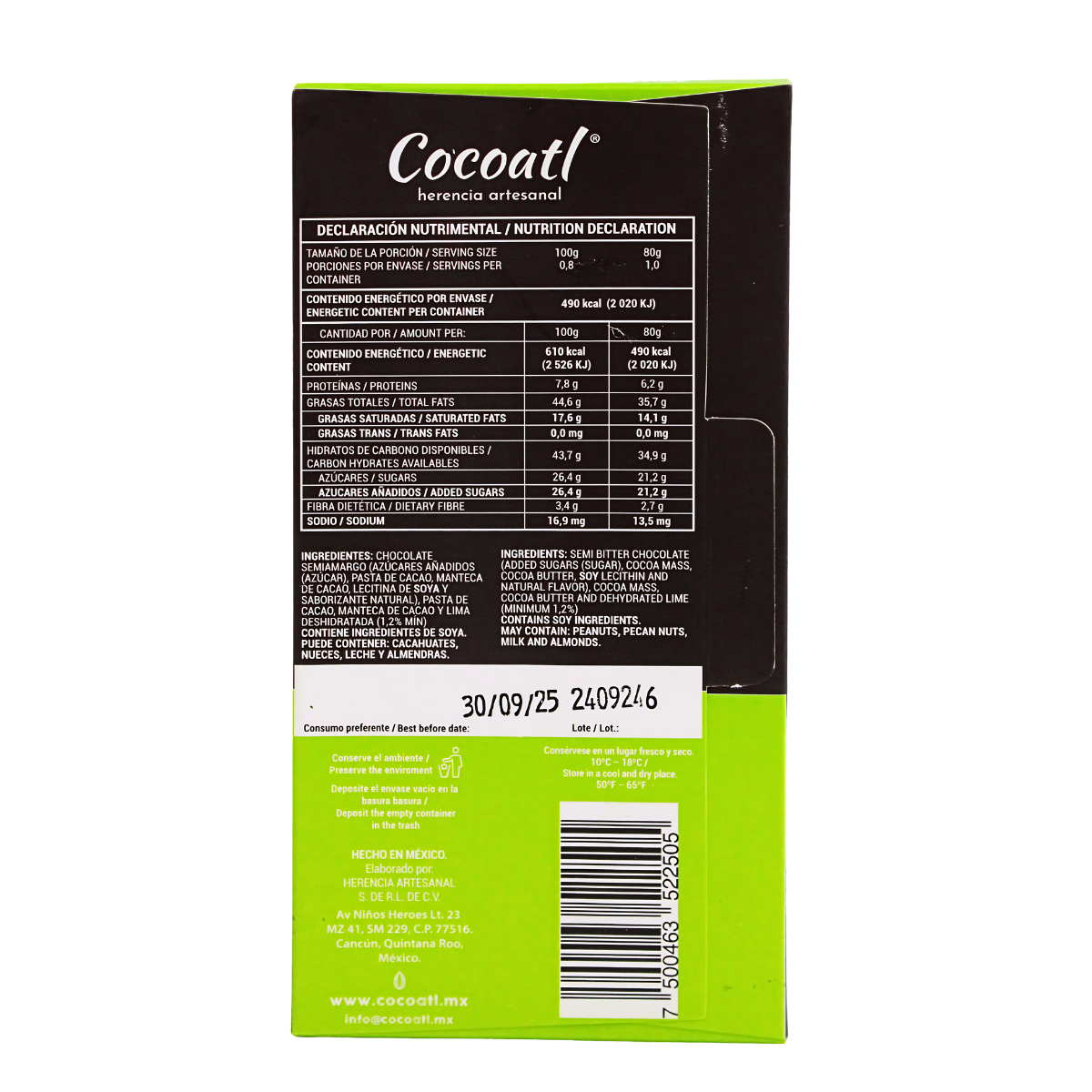 Barra De Chocolate Amargo Con Lima 72% Cacao 80 g.
