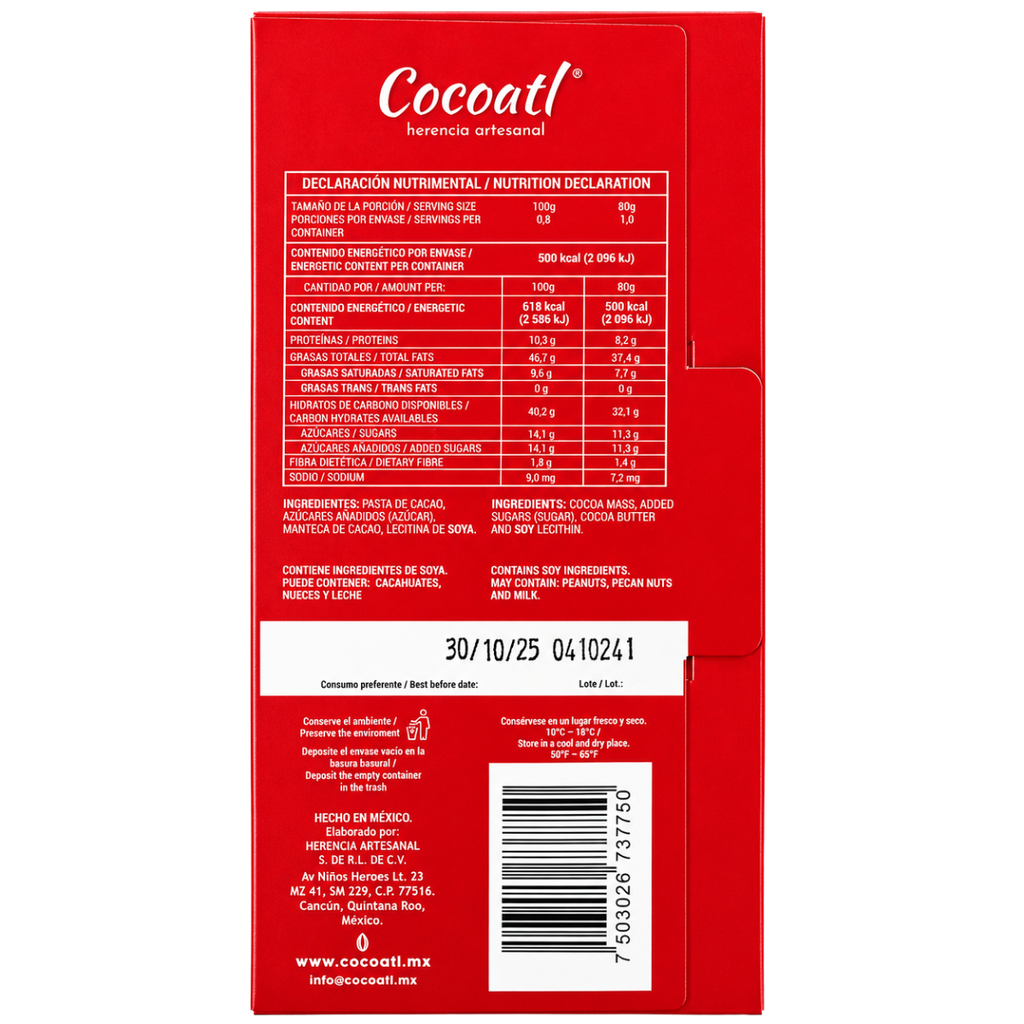Barra De Chocolate Amargo Cocoatl 85% Cacao. 80 g.