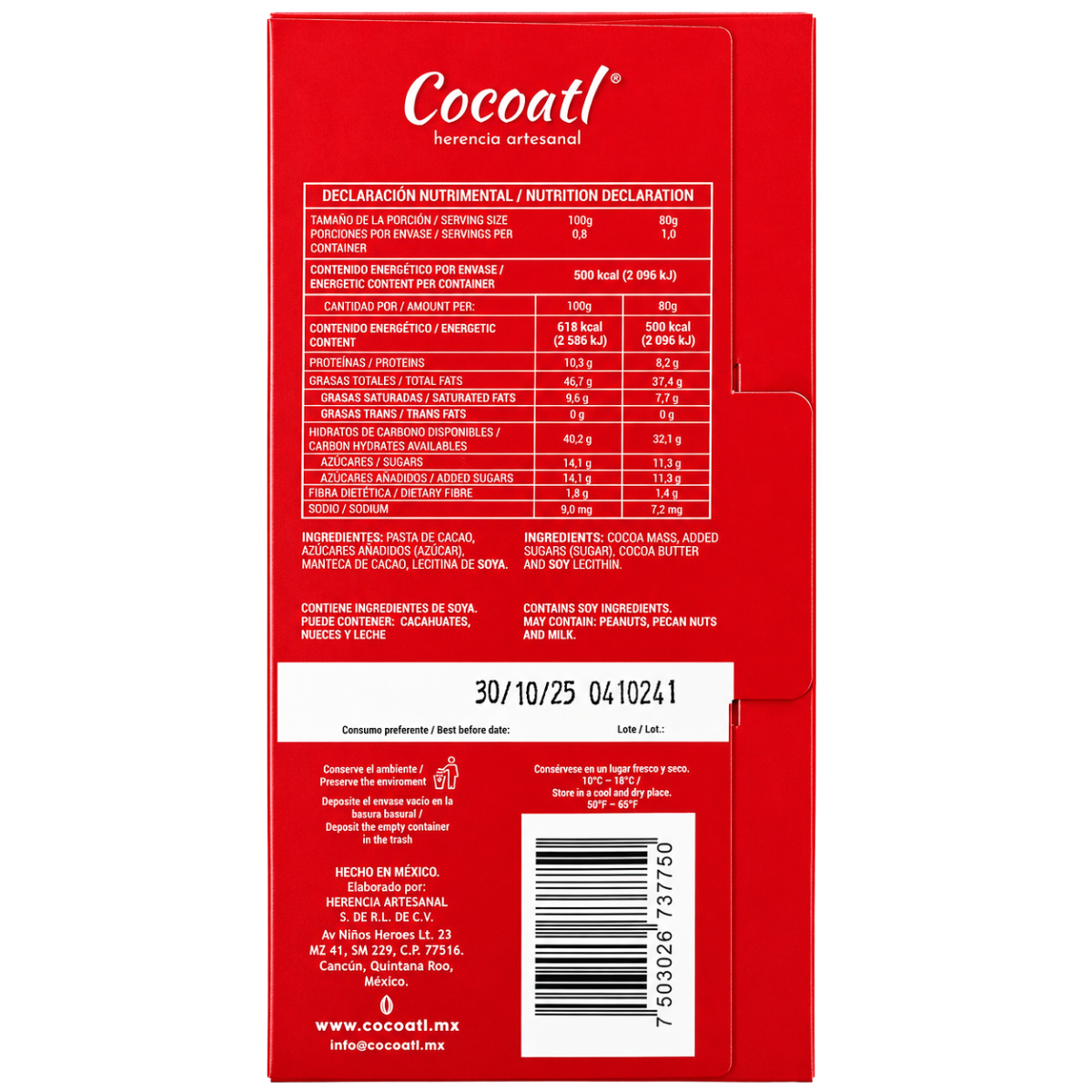 Barra De Chocolate Amargo Cocoatl 85% Cacao. 80 g.