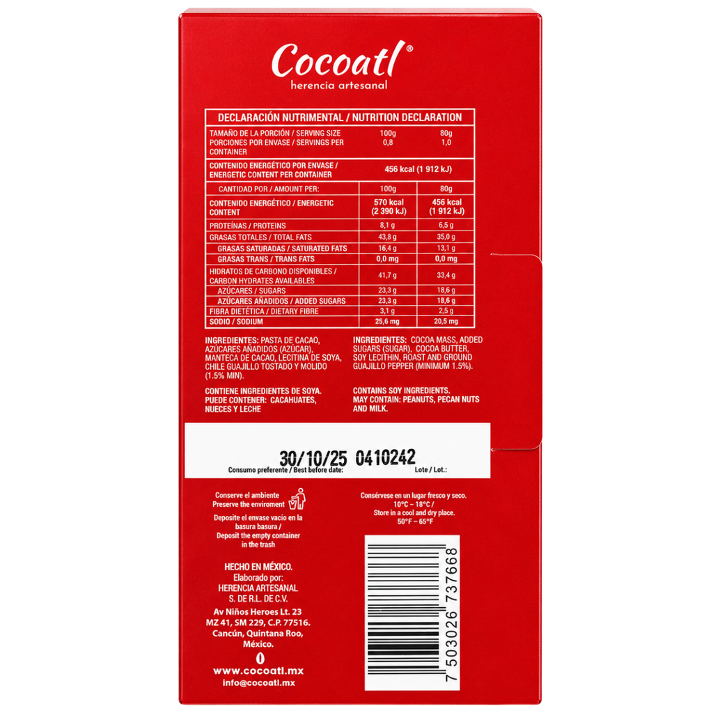 Barra De Chocolate Amargo Con Chile Guajillo Cocoatl 70% Cacao 80 g.