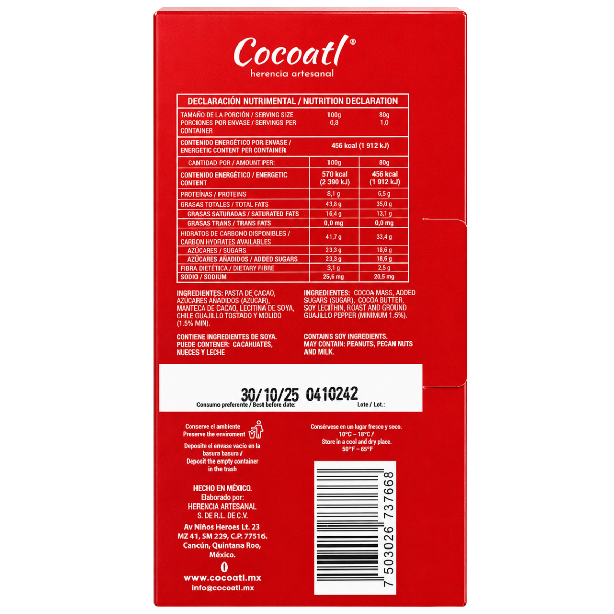 Barra De Chocolate Amargo Con Chile Guajillo Cocoatl 70% Cacao 80 g.