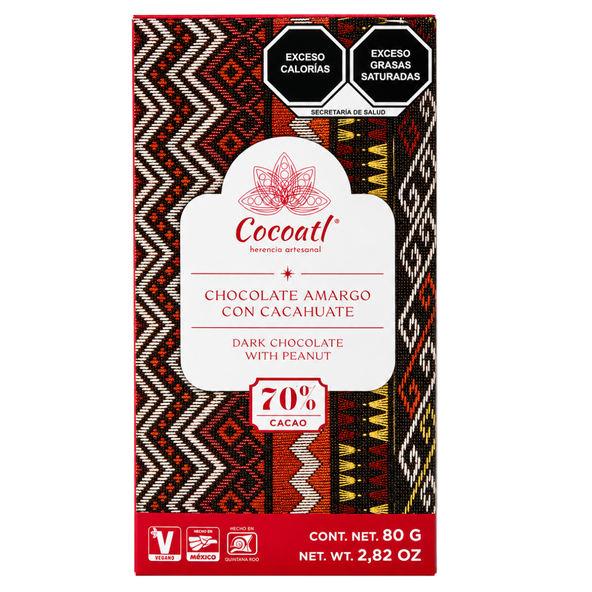 Barra De Chocolate Amargo Con Cacahuate Cocoatl 72% Cacao 80 g.