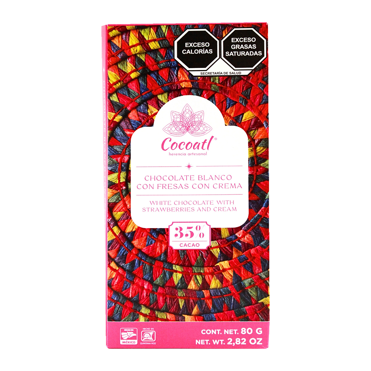 Barra De Chocolate Blanco Fresas Con Crema Cocoatl 35% Cacao 80 g.
