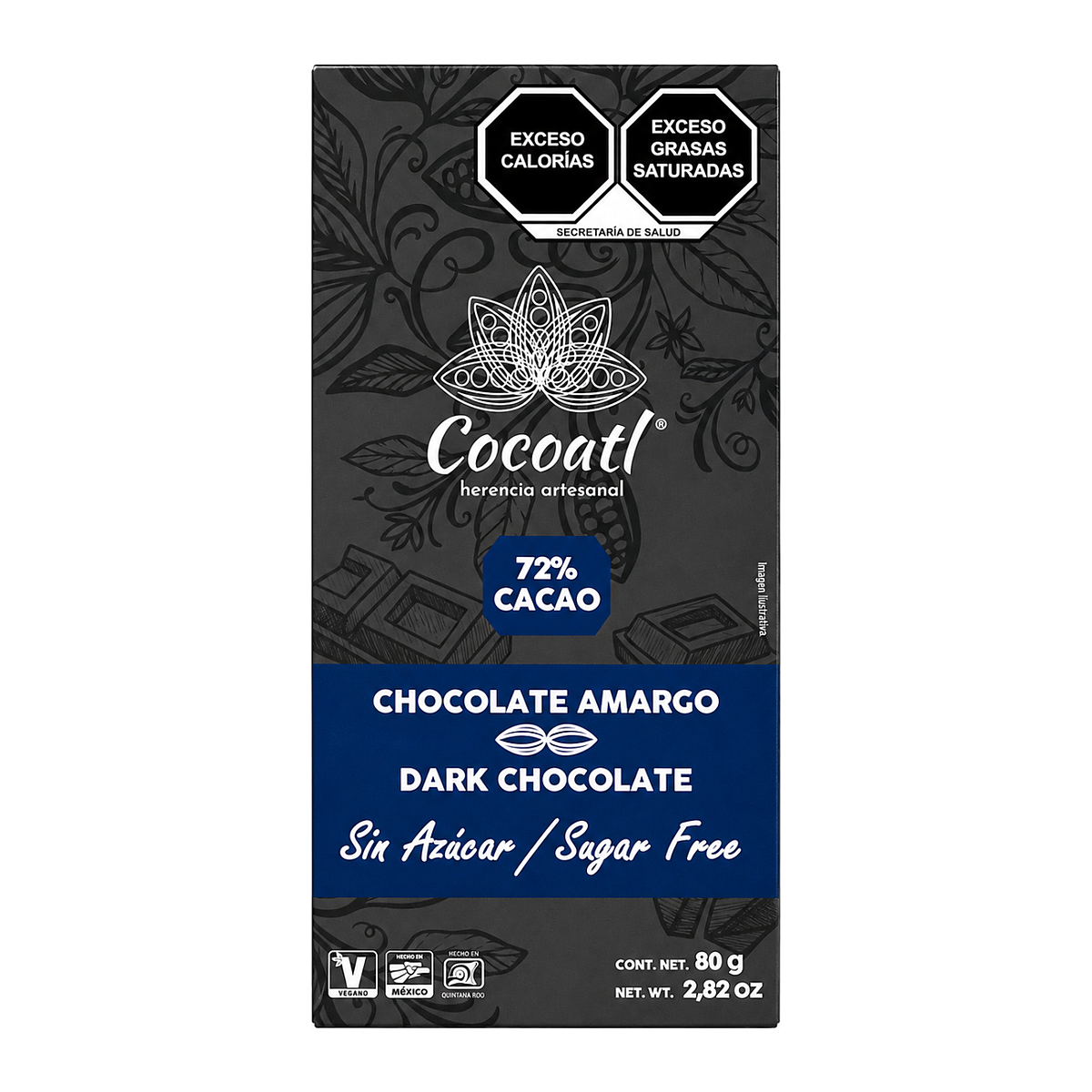 Barra De Chocolate Amargo 72% Cacao 80 g. Sin Azúcar