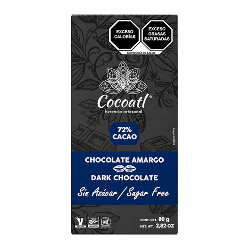 Barra De Chocolate Amargo 72% Cacao 80 g. Sin Azúcar