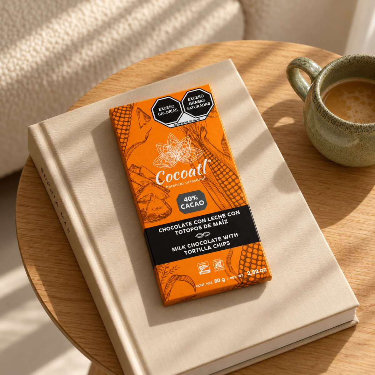 Barra De Chocolate con Leche y Totopos de Maíz 40% Cacao 80 g.
