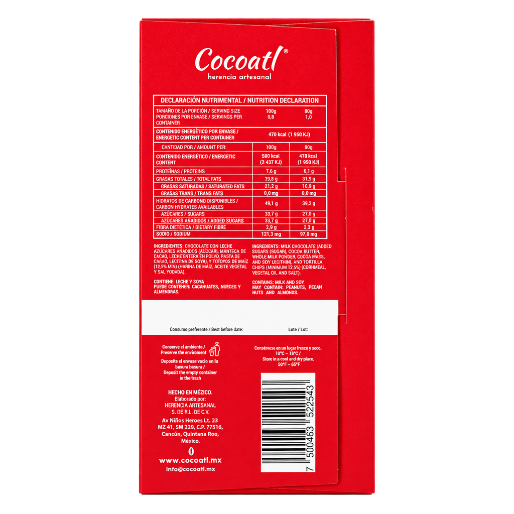 Barra Chocolate Con Leche Y Totopos De Maíz Cocoatl 40% Cacao 80 g.