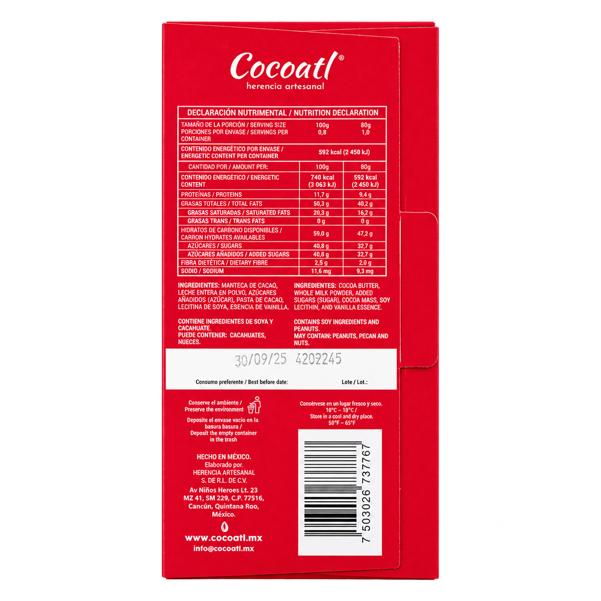 Barra De Chocolate Con Leche Cocoatl 40% Cacao 80 g.