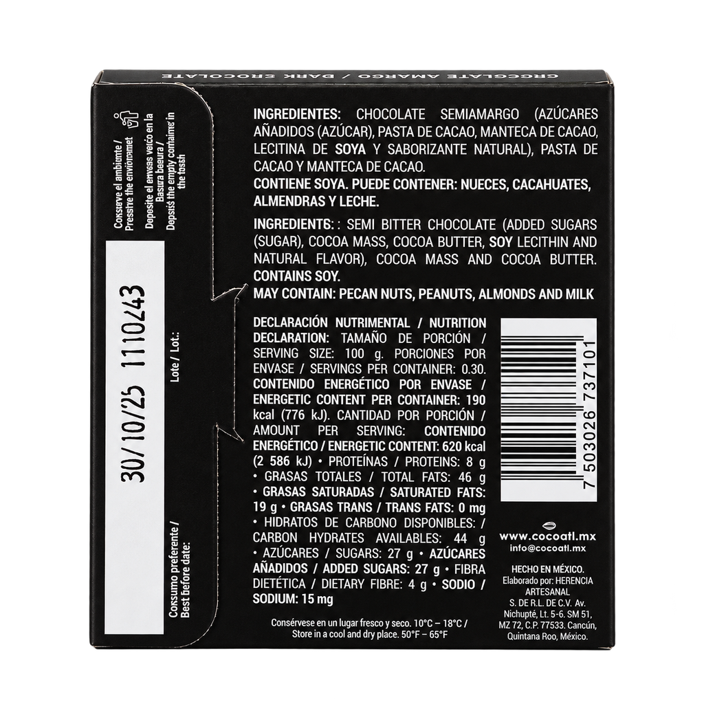 Barra de Chocolate Amargo Jaguar 72% Cacao 30 g.