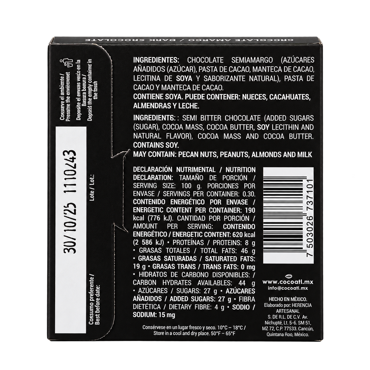 Barra de Chocolate Amargo Jaguar 72% Cacao 30 g.