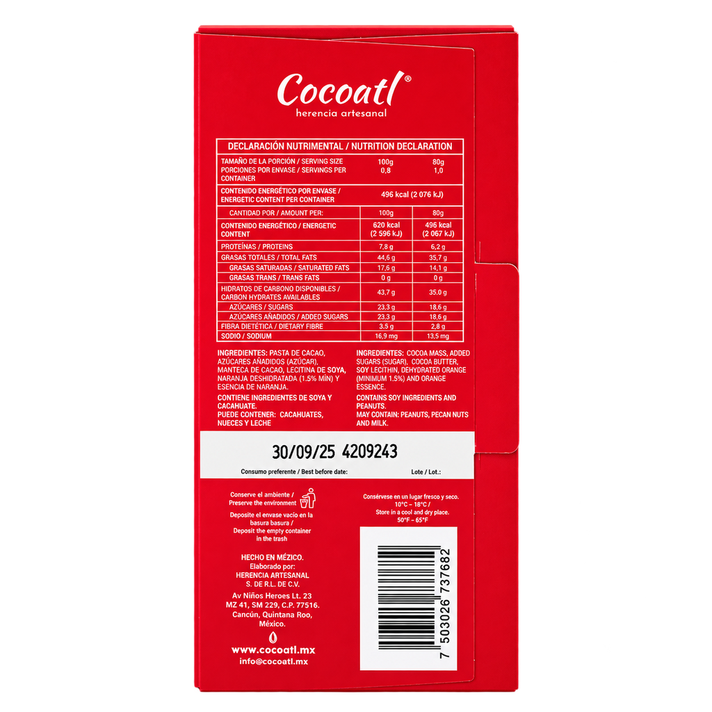 Barra De Chocolate Amargo Con Naranja Cocoatl 72% Cacao 80 g.