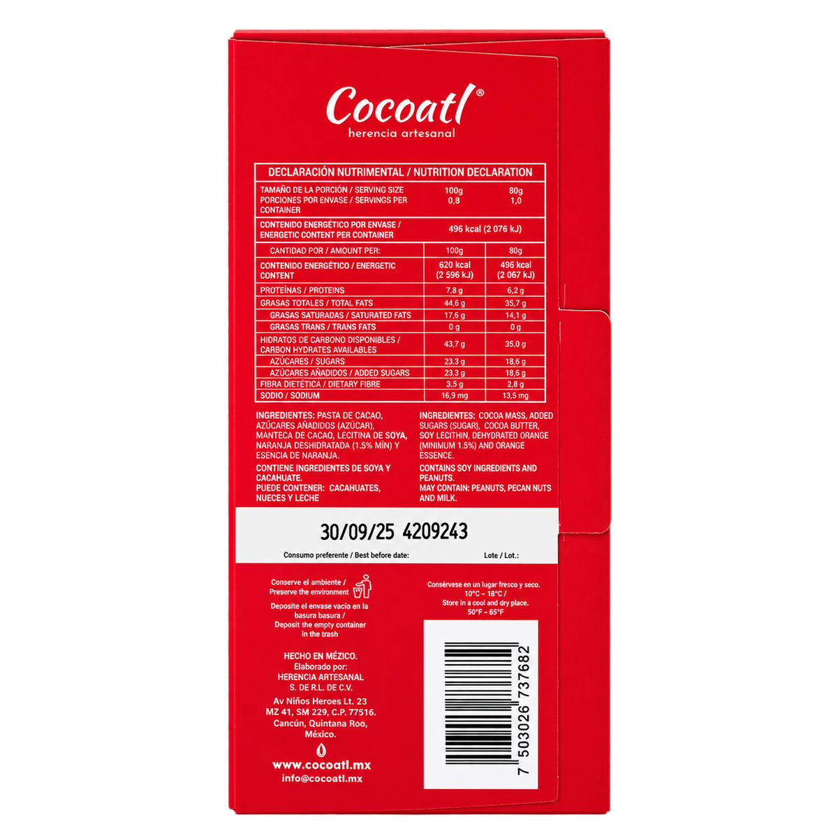 Barra De Chocolate Amargo Con Naranja Cocoatl 72% Cacao 80 g.