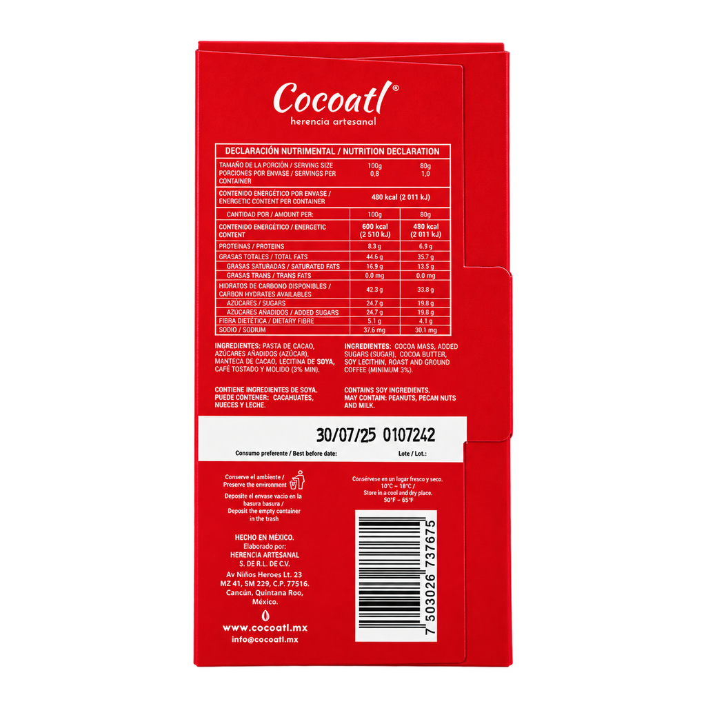 Barra De Chocolate Amargo Con Café Cocoatl 72% Cacao 80 g.