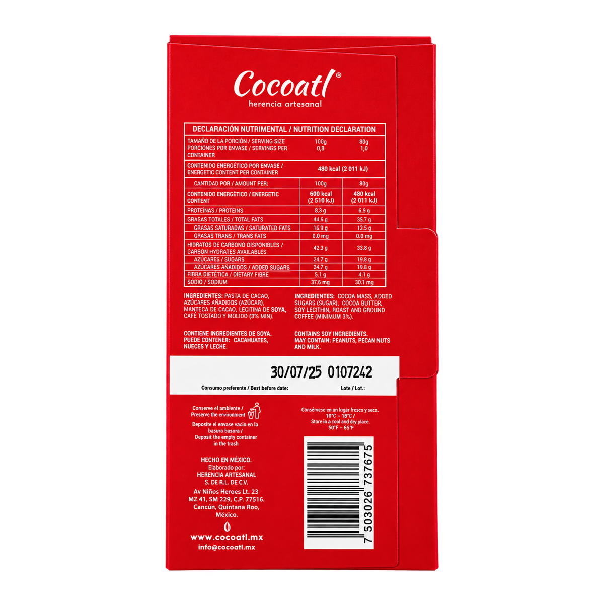 Barra De Chocolate Amargo Con Café Cocoatl 72% Cacao 80 g.