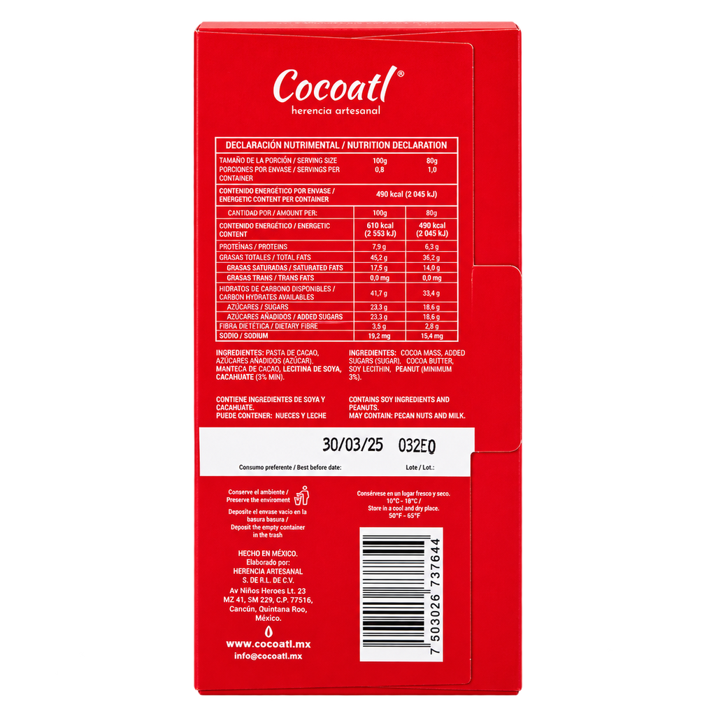 Barra De Chocolate Amargo Con Cacahuate Cocoatl 72% Cacao 80 g.