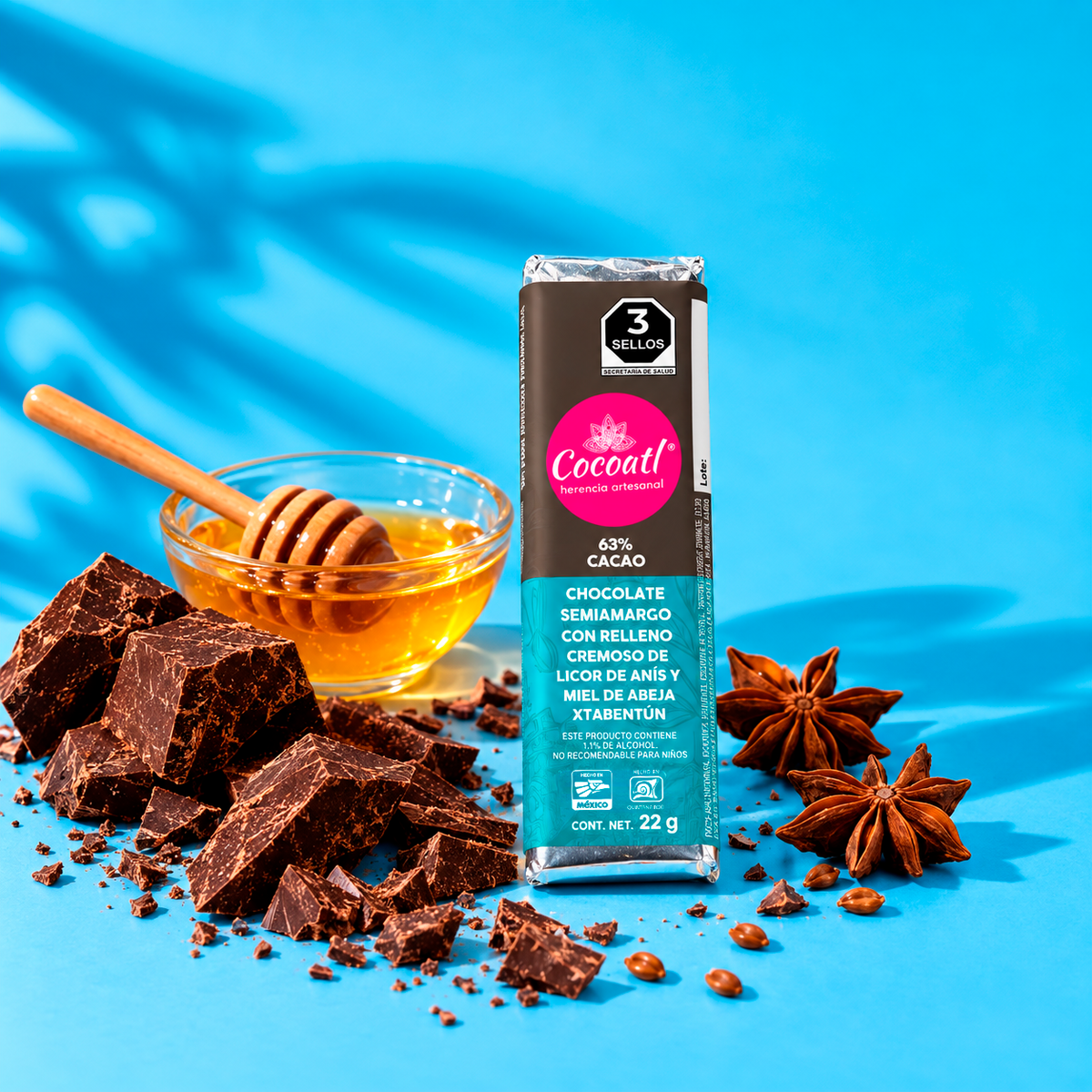 Barra de Chocolate Amargo con Relleno de Xtabentún 63% Cacao 22 g.
