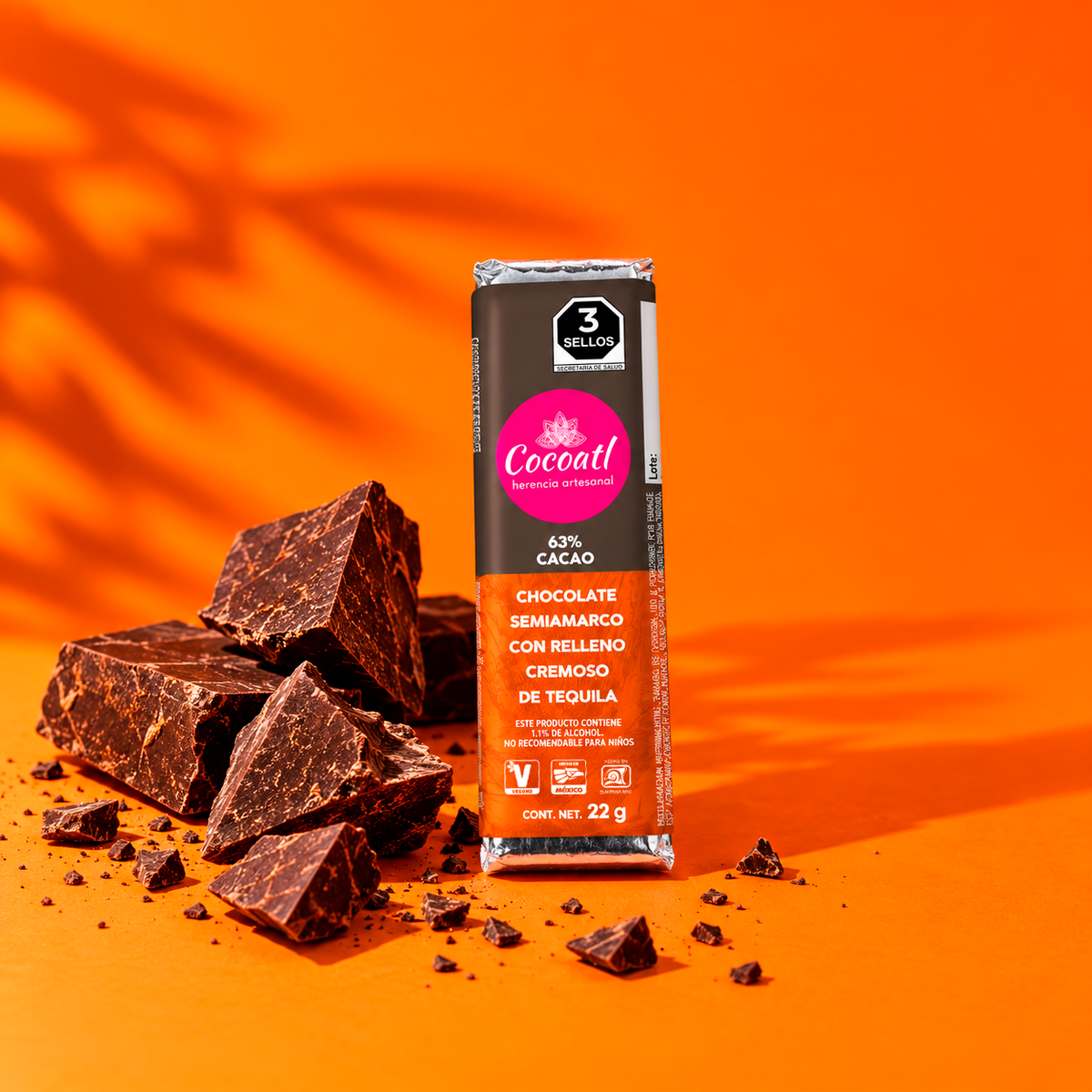 Barra de Chocolate Amargo con Relleno de Tequila 63% Cacao 22 g.