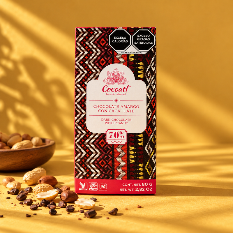 Barra De Chocolate Amargo Con Cacahuate Cocoatl 72% Cacao 80 g.