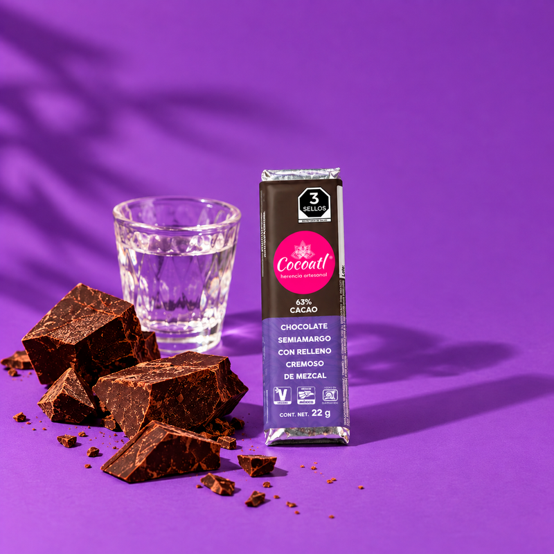 Barra de Chocolate Amargo con Relleno de Mezcal 63% Cacao 22 g.