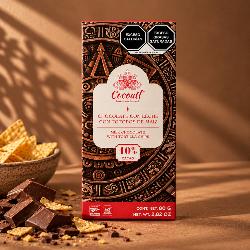 Barra Chocolate Con Leche Y Totopos De Maíz Cocoatl 40% Cacao 80 g.