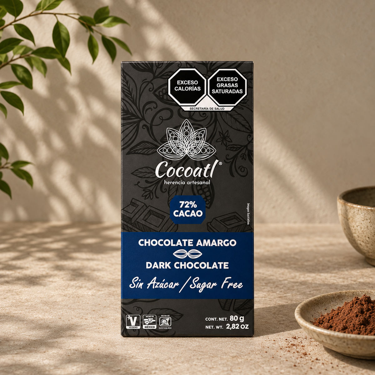 Barra De Chocolate Amargo 72% Cacao 80 g. Sin Azúcar
