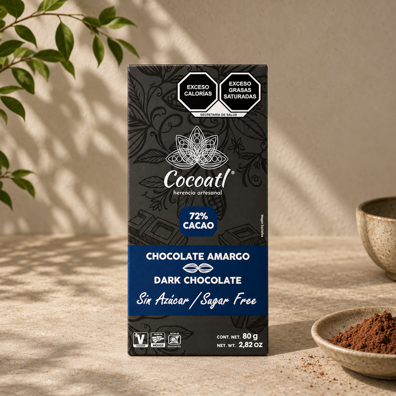 Barra De Chocolate Amargo 72% Cacao 80 g. Sin Azúcar