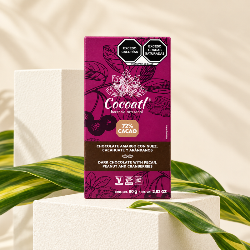 Barra De Chocolate Amargo Con Nueces, Cacahuate y Arándanos 72% Cacao 80 g.