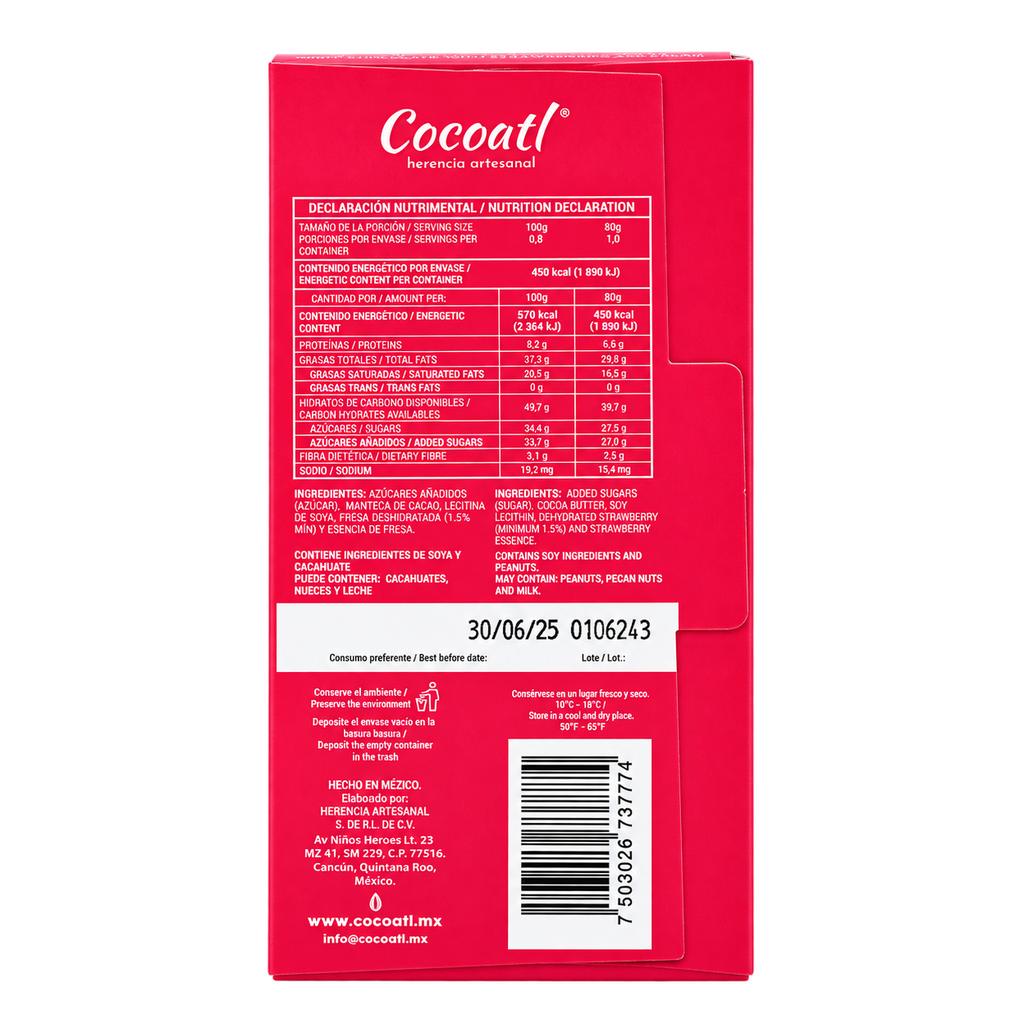 Barra De Chocolate Blanco Fresas Con Crema Cocoatl 35% Cacao 80 g.