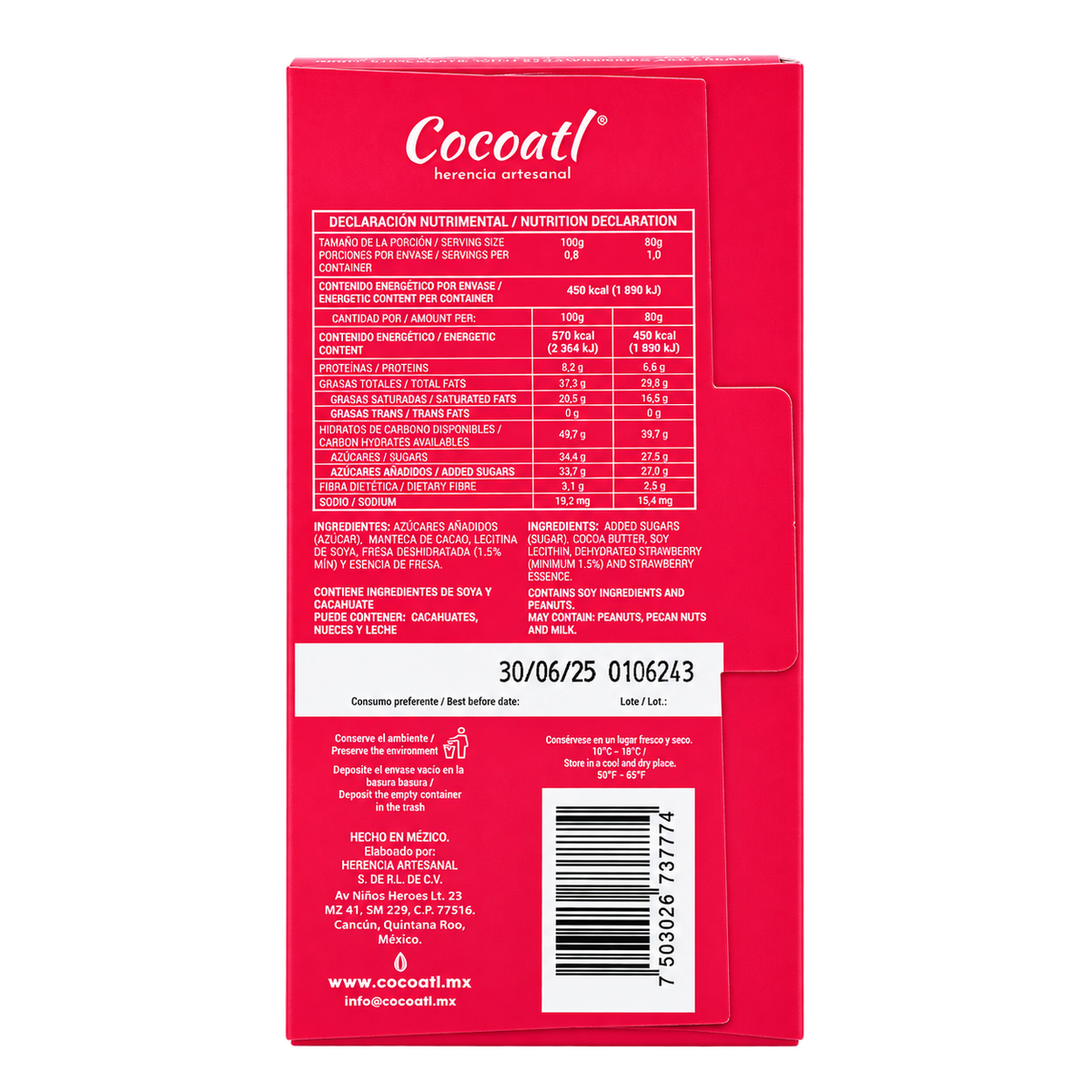 Barra De Chocolate Blanco Fresas Con Crema Cocoatl 35% Cacao 80 g.