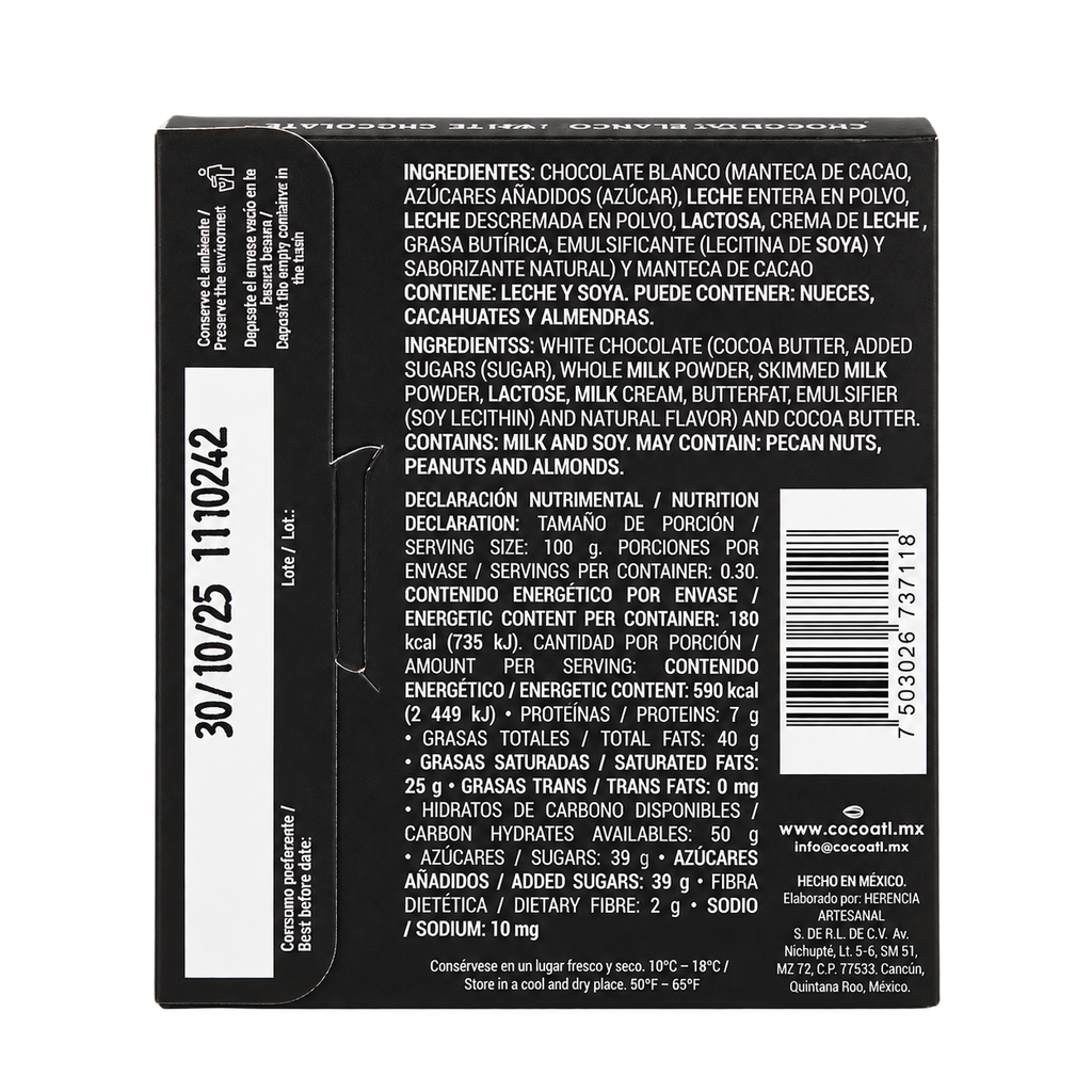 Barra de Chocolate Blanco Jaguar 35% Cacao 30 g.