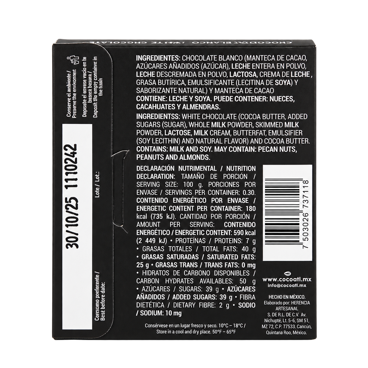 Barra de Chocolate Blanco Jaguar 35% Cacao 30 g.